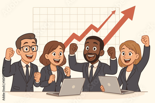 Successful business team celebrating company growth and success. Diverse office workers cheering at rising arrow chart diagram. Teamwork and achievement concept vector.