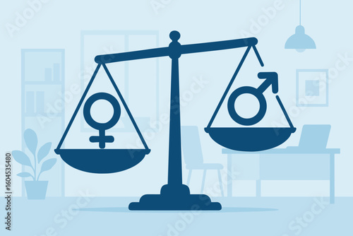Gender equality and balance concept. Equal rights for men and women. Male and female symbols on scales of justice. Workplace fairness, equal pay and opportunity vector.