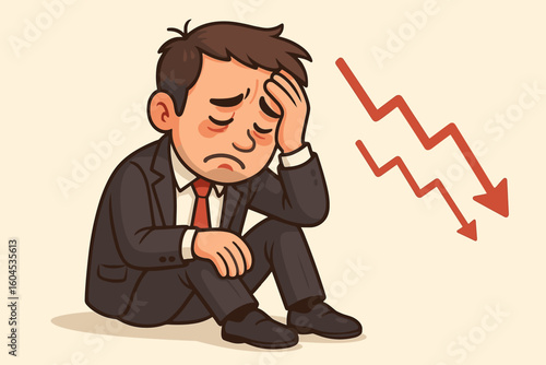 Sad businessman failure concept. Stressed man in suit after stock market crash. Financial crisis, business problem, bankruptcy metaphor. Depressed office worker vector.