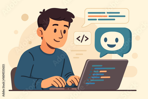 Man using AI assistant for coding. Programmer gets help from chatbot on laptop. Developer writing code with artificial intelligence. Vector cartoon illustration of a tech job.