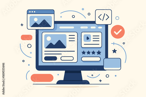 UI UX design and web development concept. Computer screen showing website interface creation. Vector illustration for front-end programming, application building, and digital graphic design.