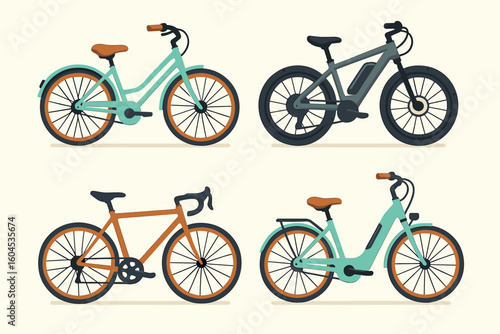 Bicycle collection vector set. Four bikes including electric e-bike, classic city bike and sport road bike. Healthy lifestyle and eco friendly transport concept. Flat icon.