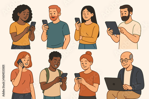 Vector set of diverse people using phones and devices. Men and women characters looking at smartphones, tablet, laptop. Concept for communication, social media, screen time.