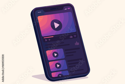 Online video streaming on a mobile phone. Smartphone with player interface on the screen. Concept for social media, vlogging, channel, viral content, and live stream. Vector app.
