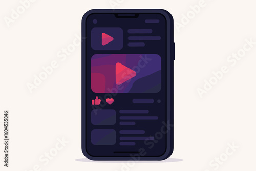 Vector mobile phone with video channel on screen. Online streaming app interface. Social media content, likes and hearts. Viral video, vlogging concept illustration.