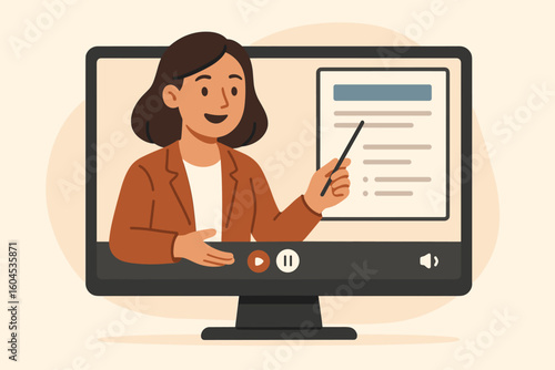 Woman teacher on computer screen leading an online class. Webinar, e-learning, and video conference concept. Female coach giving a virtual presentation or business training.