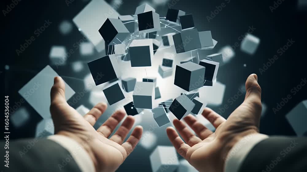 Hands Presenting Abstract Gray and White Geometric Cubes Floating in Midair Against a Dark Background Connecting Lines Hands Presenting Abstract Gray and White Geometric Cubes Floating in Midair Against a Dark Background Connecting Lines