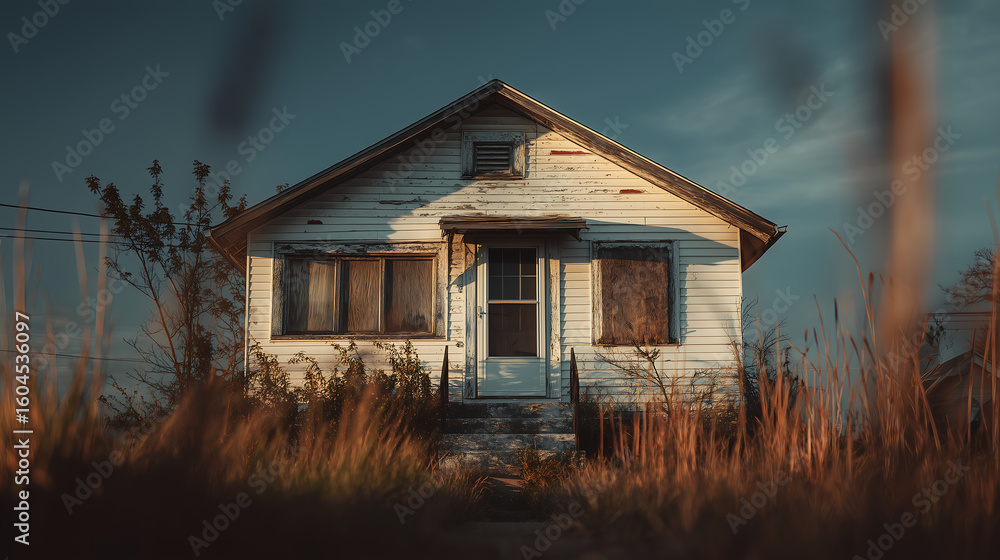 Obraz premium Boarded-up abandoned house with broken windows 