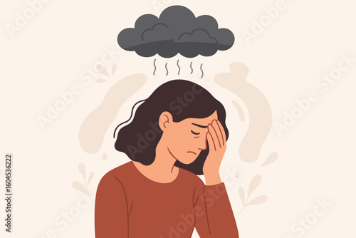 Woman with depression, anxiety, mental health problem. Sad unhappy female person suffering from stress, burnout, fatigue. Clouded mind, emotional pressure concept vector.