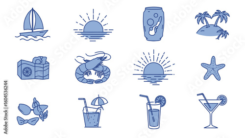 Blue Line Art Summer Vacation and Beach Travel Icons Set