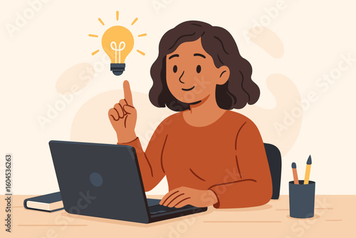 Creative woman with lightbulb idea at desk with laptop. Business innovation, learning, problem solving concept. Cartoon vector of a successful eureka moment inspiration.