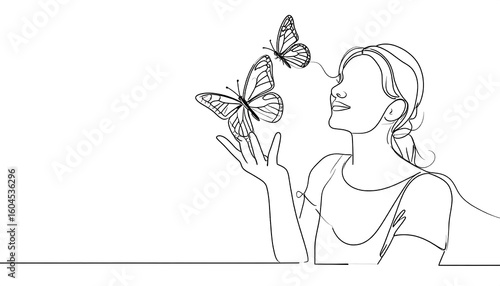 Woman and butterflies in continuous line drawing