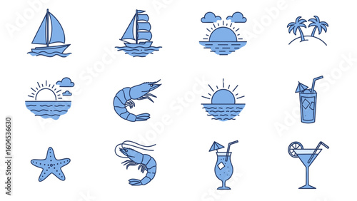 Summer Ocean Vacation Line Art Icons Set: Sailboats, Sunsets, Seafood, and Cocktails