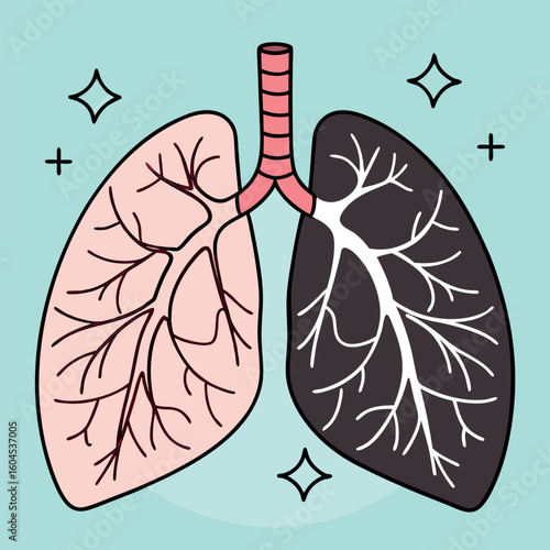 Depiction showcases a stark contrast with a pink lung and a darkened lung condition