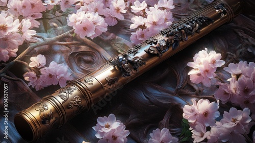 Ornate musical instrument surrounded by cherry blossoms