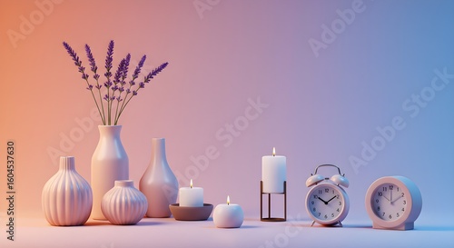 A serene arrangement of vases, candles, and clocks, bathed in soft, gradient lighting.