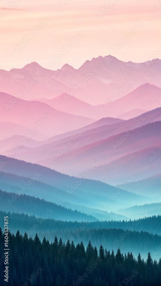 Fototapeta premium Colorful mountain layers receding behind evergreen forest silhouettes under warm sunset glow