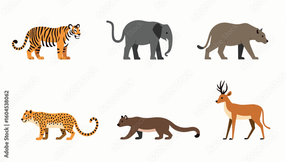 Naklejka premium Colorful flat vector cartoon animal silhouettes collection – cute wild, domestic, aquatic, jungle, fantasy, and forest animals in minimalist kid-friendly style on white background