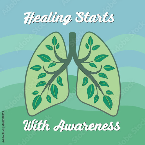 Light green lung filled with leaves stands between two white text lines
