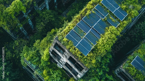 Overgrown buildings with solar panels