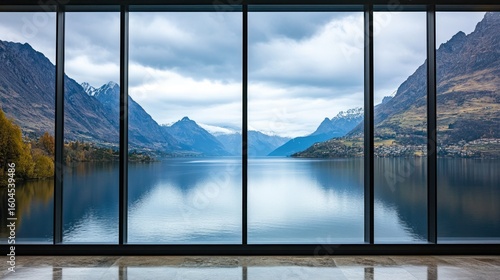 Panoramic mountain lake view through large windows