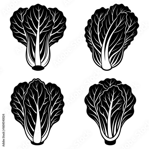 Four stylized bok choy vegetables in black and white with detailed leaf patterns and distinct shapes shown