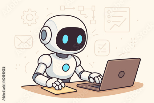 Friendly AI robot working online at laptop in modern office, digital assistant automation completing tasks, futuristic cartoon vector illustration, technology background