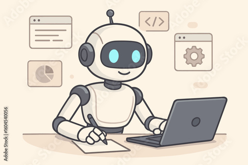 Cute friendly AI robot using laptop for online work, coding software, data analytics, artificial intelligence assistant cartoon character, vector illustration in modern workspace