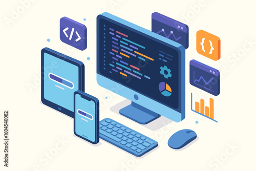 Isometric app development workspace with computer code editor and monitoring dashboard, smartphone and tablet loading bars, abstract programming language symbols, technology concept
