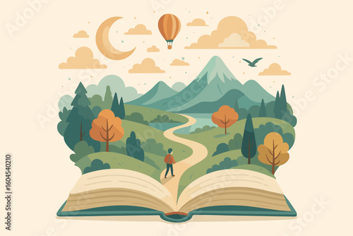 Imagination journey through reading. Open book becomes fantasy landscape with mountains, forest path, hot air balloon, moon, clouds, lone hiker. Escape reality vector illustration.
