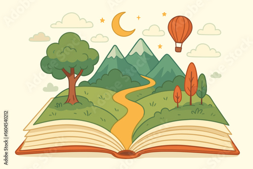 Imagination adventure: open book morphs into magical landscape with mountains, winding path, tree, hot air balloon, moon and stars, symbolizing reading escape, creativity and fantasy