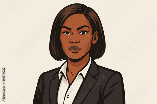 Serious African American businesswoman portrait vector illustration. Confident professional woman in suit, executive upper body front view, leadership workplace diversity concept