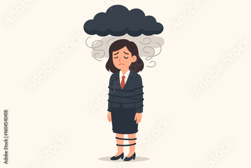 Corporate burnout concept. Sad businesswoman in suit tied with rope under dark storm cloud symbolizing stress, depression, workplace anxiety, overwork. Vector cartoon illustration.