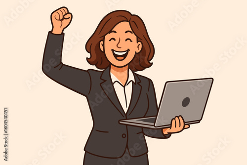 Excited businesswoman in suit raising triumphant fist while holding laptop, celebrating achievement, career victory, professional success, female leadership, workplace empowerment