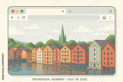 Scandinavian travel poster style Trondheim Norway waterfront in web browser mockup, colorful wooden wharf houses reflecting on river, Nidaros Cathedral skyline, vector illustration