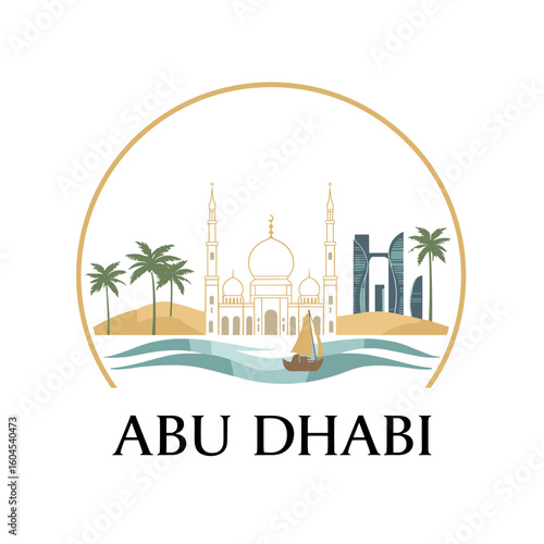 Vector badge of Abu Dhabi with mosque, palm trees, boat, modern buildings and flowing shoreline