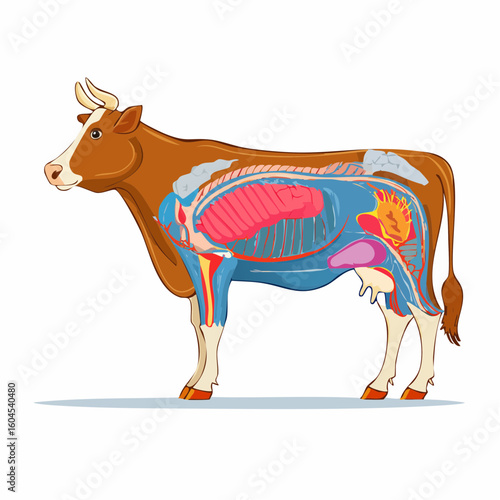 Anatomy of a cow showing the full internal organ system. Color-coded vector diagram in side view for educational or veterinary use.