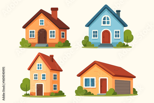Set of four cartoon suburban houses vector illustration, colorful detached home icons, cozy residential architecture clip art, cottage, bungalow, townhouse design on light background