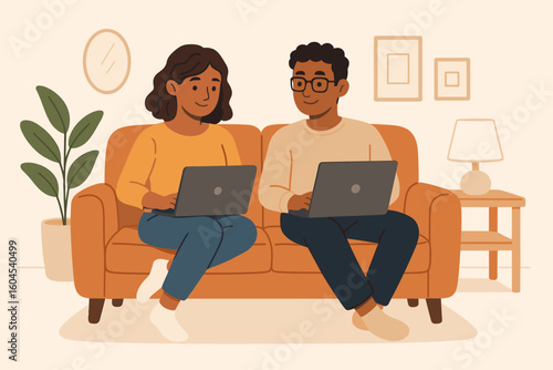 Young multiracial couple sitting on living room sofa with laptops, remote work from home teamwork, online learning, freelance co-working, home office vector cartoon illustration