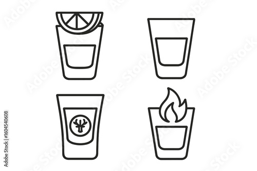 Shot glass line icon set. Collection of alcoholic drinks like tequila with lime, flaming shots, and spirits with anise. Vector outline graphic for bar, party, pub menu design.