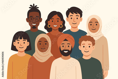 Happy multicultural portrait. Diverse multi-ethnic friends group standing together. Smiling people of different races, cultures, religions, and genders embracing equality, unity, and inclusivity