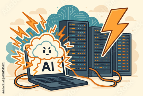 Artificial intelligence high energy consumption. AI technology on laptop connected to data center server farm, using excessive power. Cloud computing high costs. Vector cartoon.