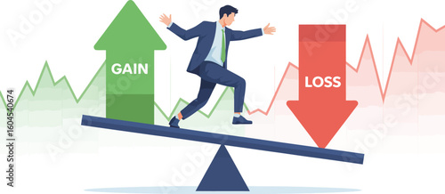 A man balancing on a seesaw with gain and loss arrows against stock market chart background view