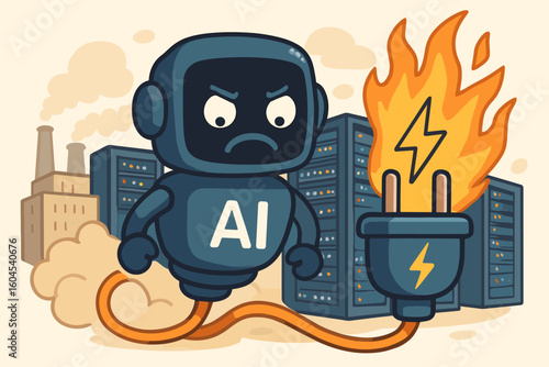 Concept of AI's high energy consumption. Cartoon robot illustrates environmental impact of data centers. Burning electric plug symbolizes massive power use and carbon footprint.