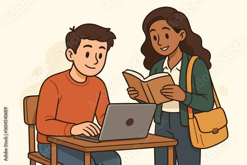 College students studying together, male typing on laptop and female reading textbook, diverse peers collaborative learning, modern education e-learning cartoon vector illustration