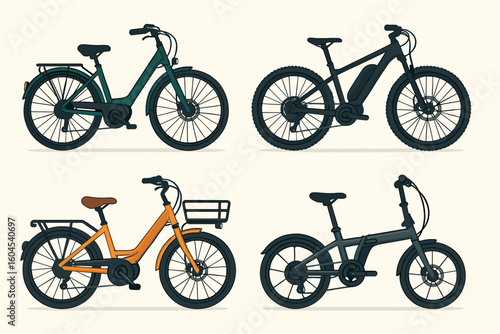 Electric bicycles collection of four modern e-bike illustrations, urban city bike, mountain MTB electric cycle, folding compact ebike, flat side view vector on light background