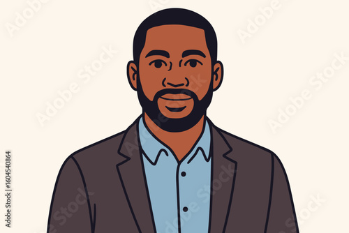 Black man face and upper body portrait vector. Illustration of a male person in professional casual clothes. Cartoon character headshot for avatar or user profile.