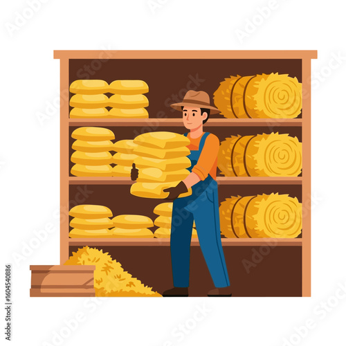 Farmer Carrying Grain Sacks in Barn with Hay Bales Storage