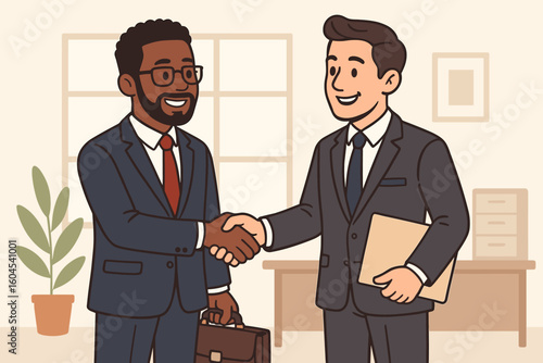 Two diverse businessmen shaking hands in office. Business deal, partnership agreement concept. Happy multiethnic colleagues meeting. Corporate cooperation and success vector.