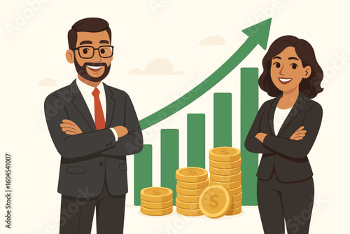 Business financial growth vector. Team success concept. Man and woman partners in front of money graph with green arrow pointing up. Investment profit, revenue increase.